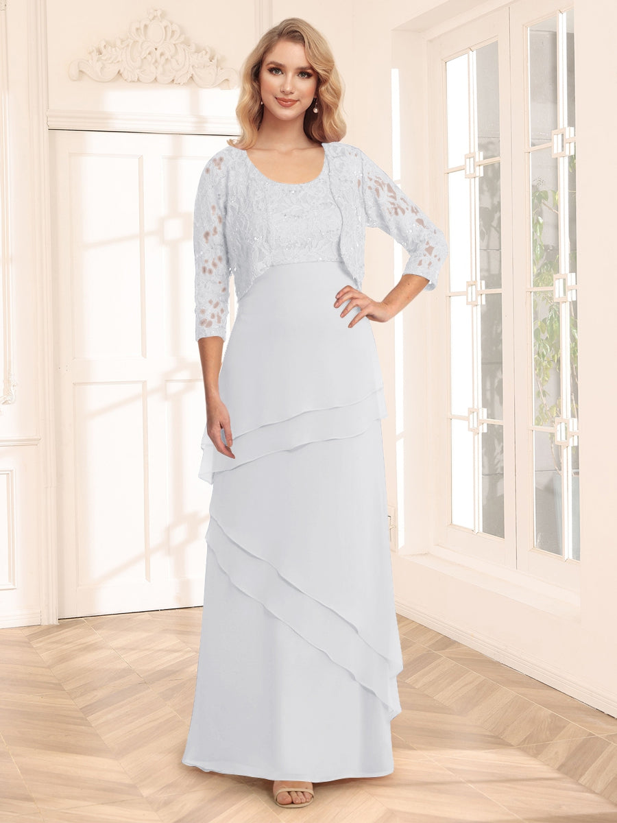 Etui-/Säulen-Abendkleider mit U-Ausschnitt und 3/4-Ärmeln, Jacke und Applikationen