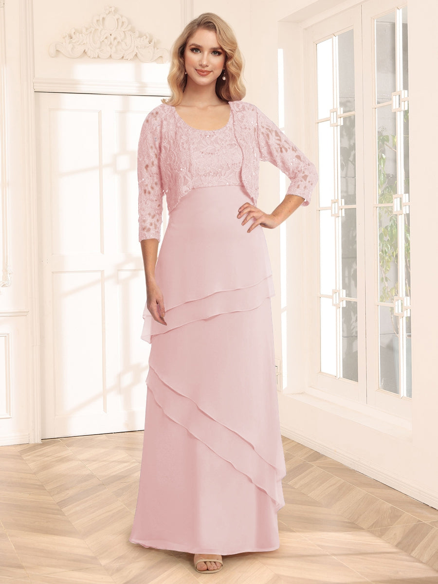 Etui-/Säulen-Abendkleider mit U-Ausschnitt und 3/4-Ärmeln, Jacke und Applikationen