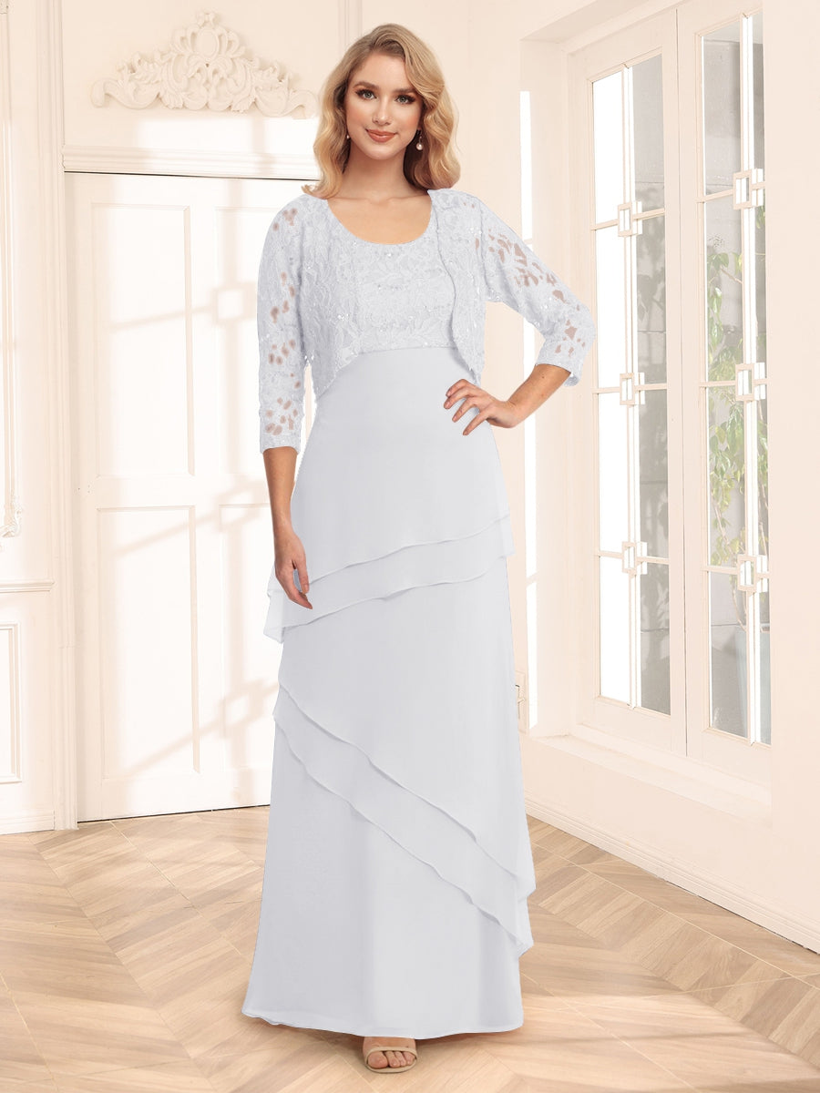 Etui-/Säulen-Abendkleider mit U-Ausschnitt und 3/4-Ärmeln, Jacke und Applikationen