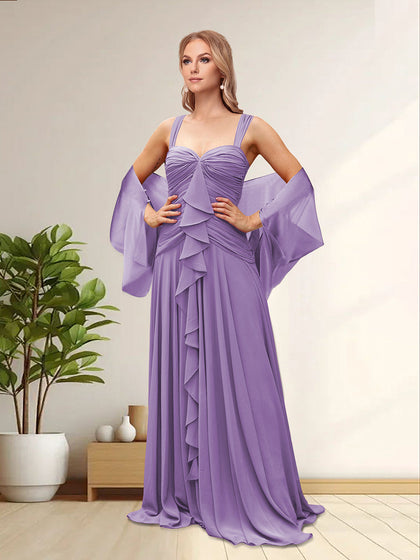 Spaghettiträger Ärmellose Lange Formale Abendkleider Mit Rüschen & Jacke