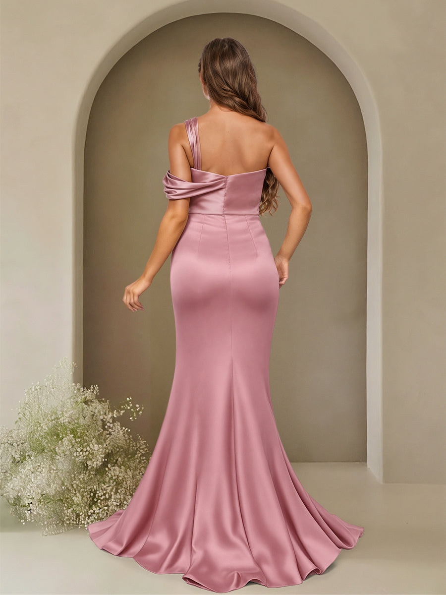 Etui-/Säulen-Kleid mit One-Shoulder-Träger, ärmellos, Sweep-Schleppe, formelle Kleider mit Schlitz an der Seite