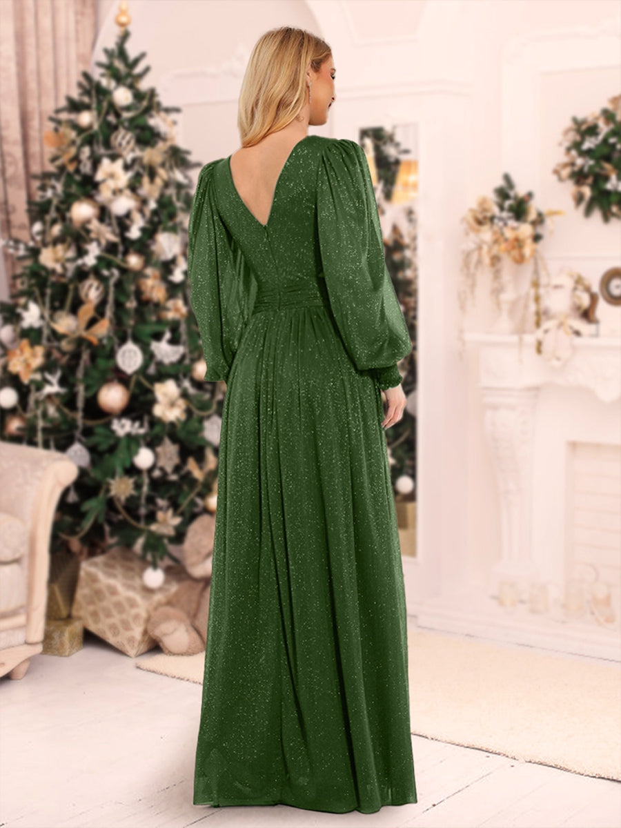 Sexy A-Linie/Princess-Linie V-Ausschnitt Lange Ärmel Bodenlange Weihnachtskleider mit Seitenschlitz