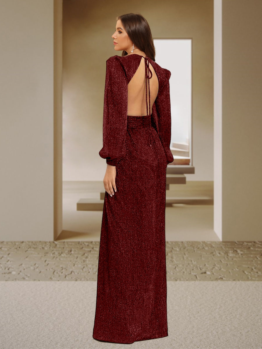 A-Linie/Princess-Linie V-Ausschnitt Lange Ärmel Bodenlange Abendkleider mit Schlitz an der Seite