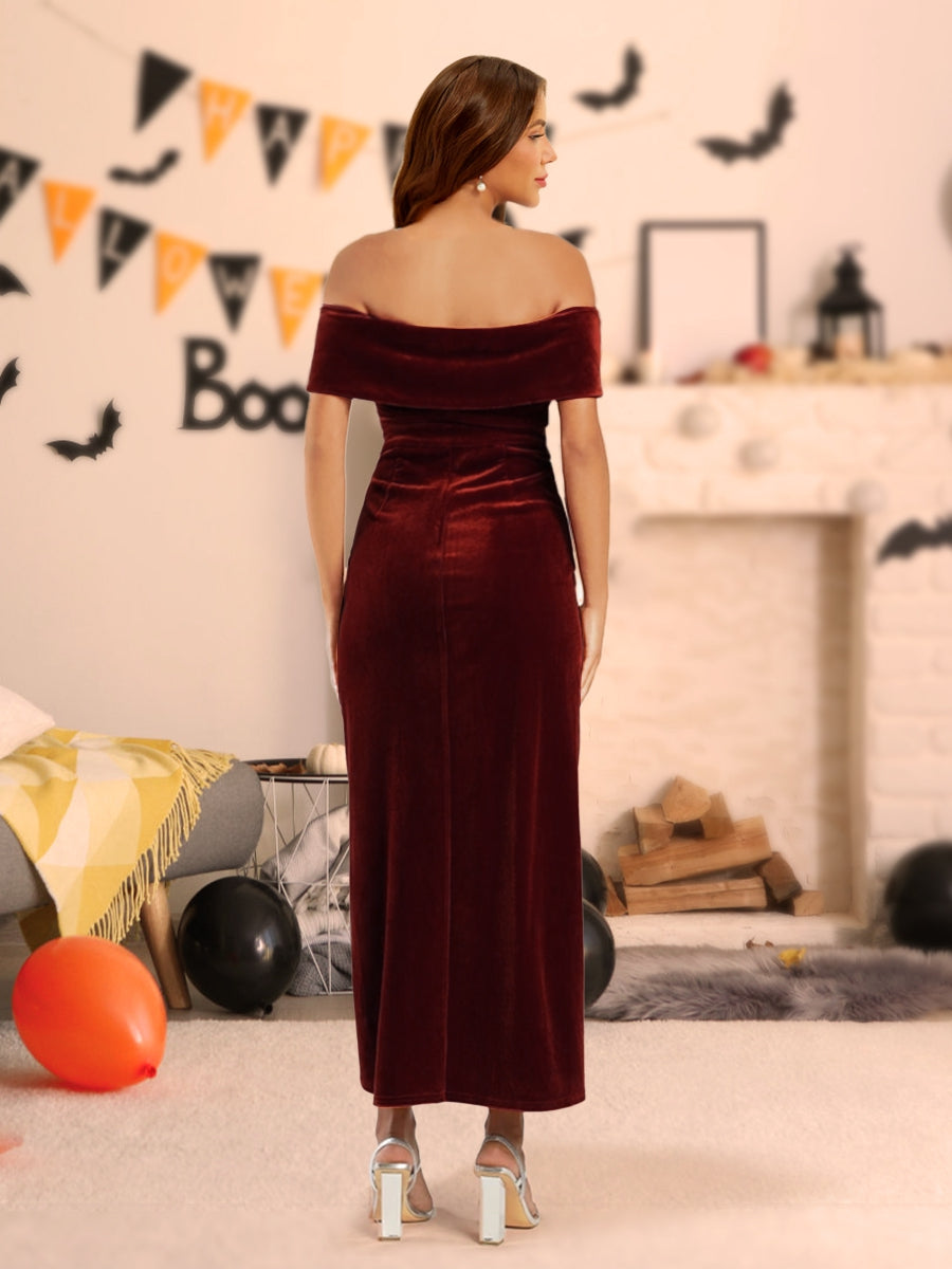 Etui-/Säulen-Halloweenkleid aus Samt mit schulterfreien Ärmeln und Schlitz an der Seite
