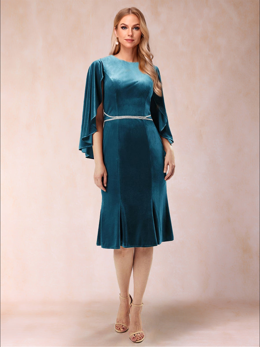 A-Linie/Princess-Linie U-Ausschnitt 3/4-Ärmel Knielang Abendkleider mit Schärpe