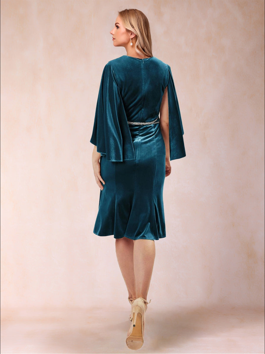 A-Linie/Princess-Linie U-Ausschnitt 3/4-Ärmel Knielang Abendkleider mit Schärpe