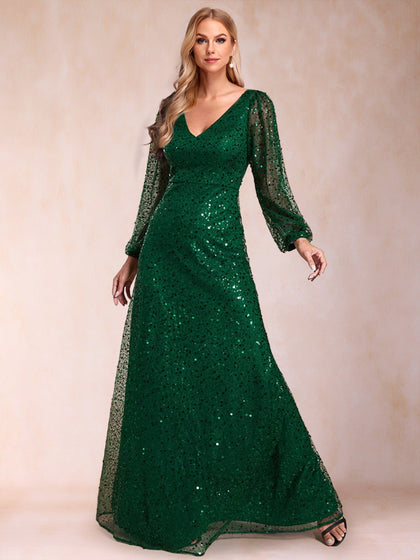 A-Linie/Princess-Linie V-Ausschnitt Lange Ärmel Bodenlang Kleider für die Brautmutter