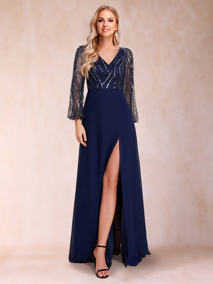 A-Linie/Princess-Linie V-Ausschnitt Bodenlang Kleider für die Brautmutter mit Schlitz an der Seite