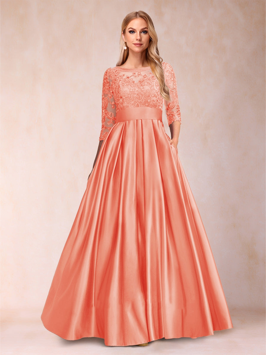 A-Linie/Princess-Linie Bodenlang 3/4-Ärmel U-Ausschnitt Kleider für die Brautmutter