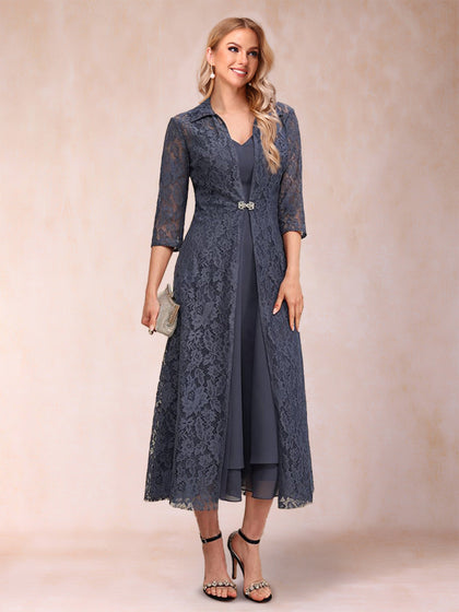 A-Linie/Princess-Linie Wadenlang 3/4-Ärmel V-Ausschnitt Kleider für die Brautmutter