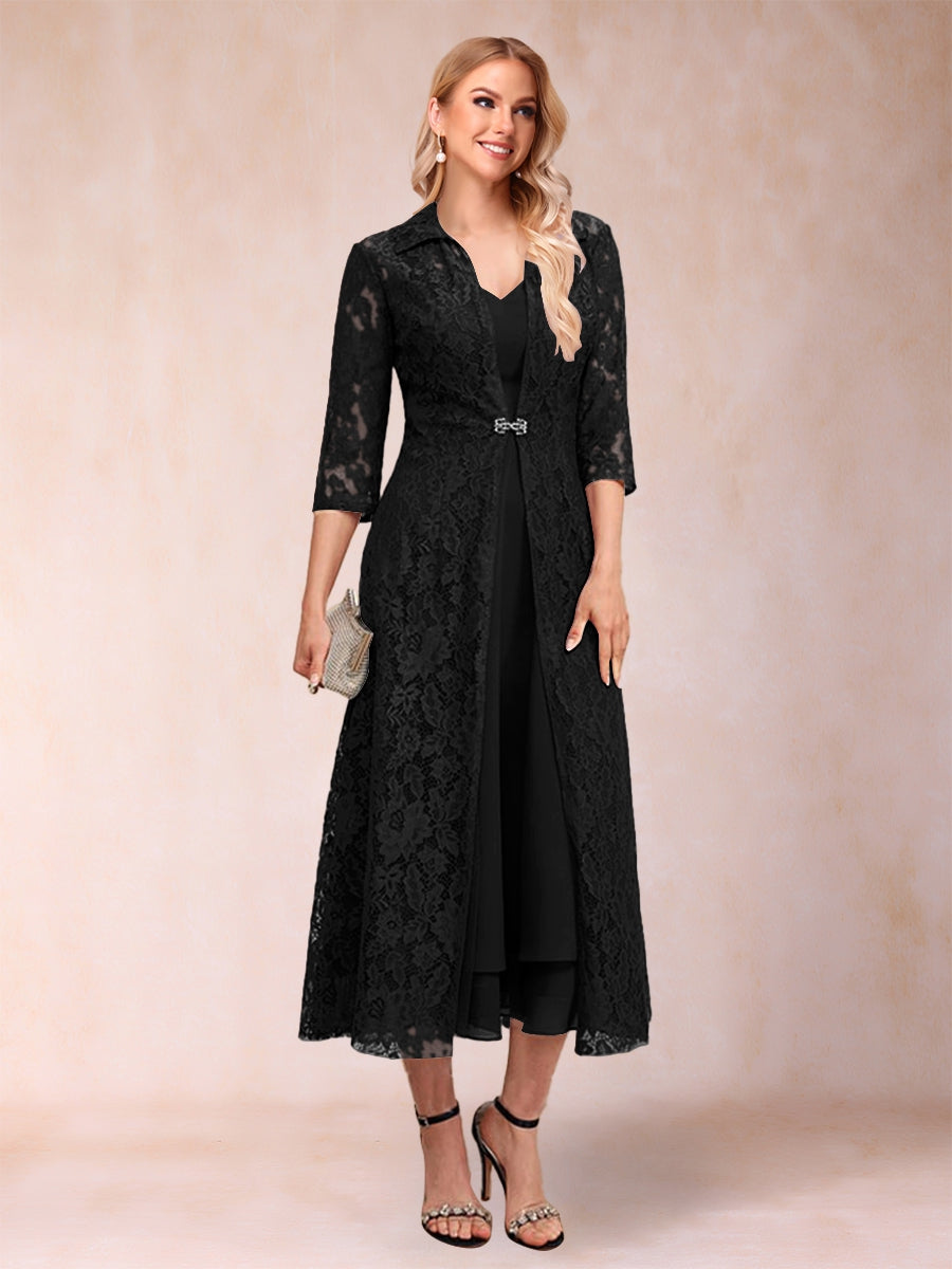 A-Linie/Princess-Linie Wadenlang 3/4-Ärmel V-Ausschnitt Kleider für die Brautmutter