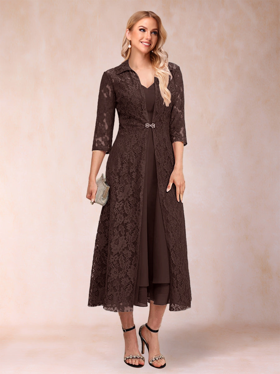 A-Linie/Princess-Linie Wadenlang 3/4-Ärmel V-Ausschnitt Kleider für die Brautmutter