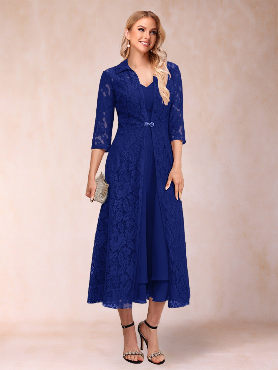 A-Linie/Princess-Linie Wadenlang 3/4-Ärmel V-Ausschnitt Kleider für die Brautmutter