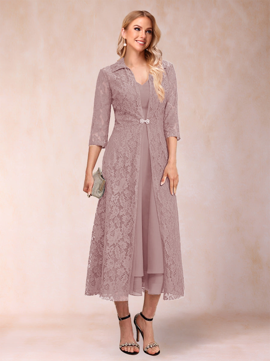 A-Linie/Princess-Linie Wadenlang 3/4-Ärmel V-Ausschnitt Kleider für die Brautmutter