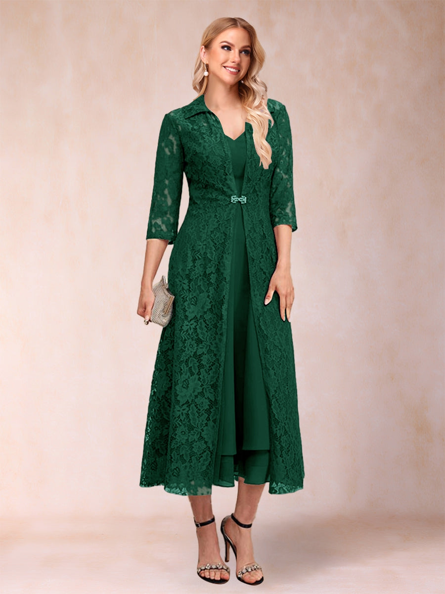 A-Linie/Princess-Linie Wadenlang 3/4-Ärmel V-Ausschnitt Kleider für die Brautmutter