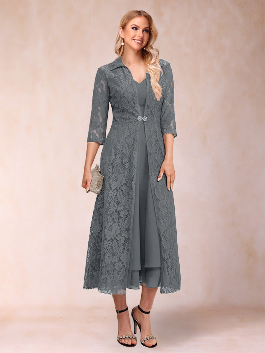 A-Linie/Princess-Linie Wadenlang 3/4-Ärmel V-Ausschnitt Kleider für die Brautmutter