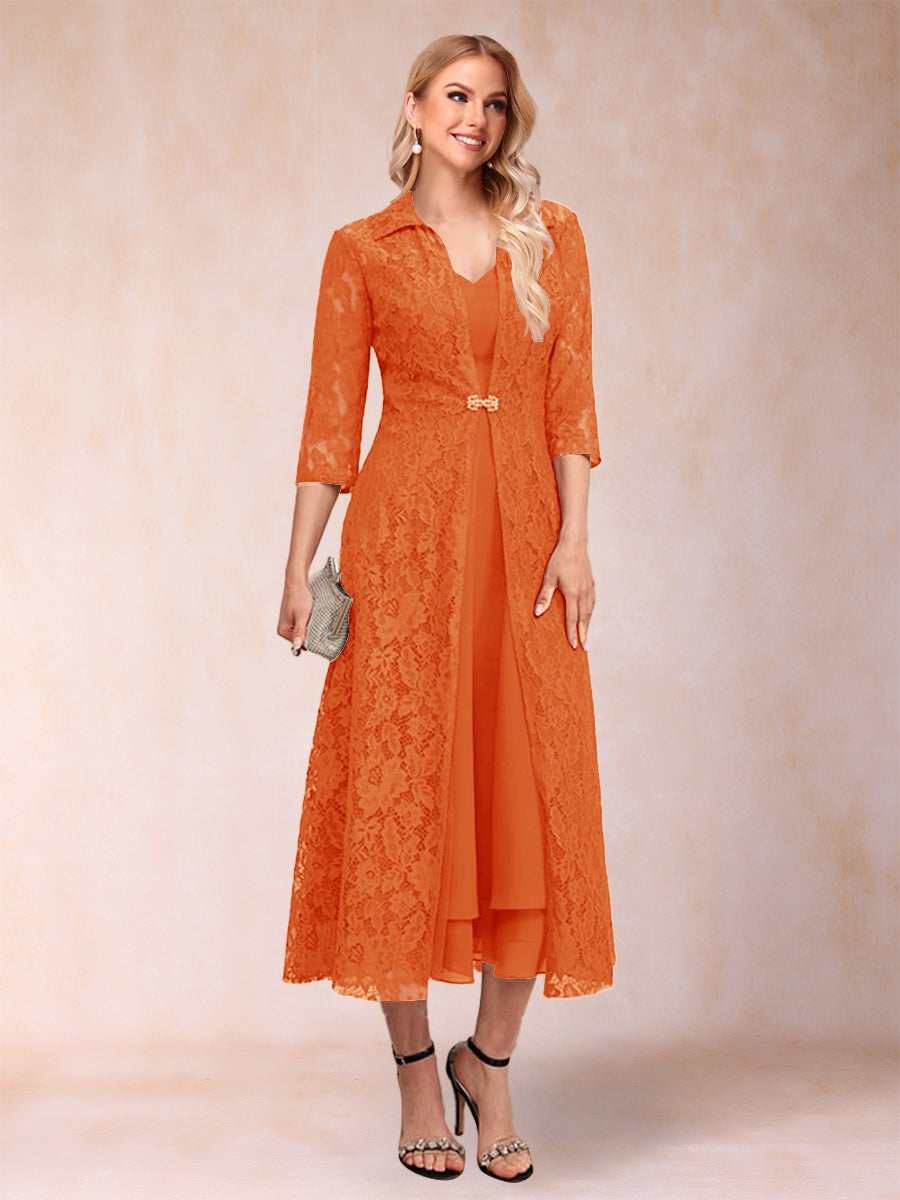 A-Linie/Princess-Linie Wadenlang 3/4-Ärmel V-Ausschnitt Kleider für die Brautmutter