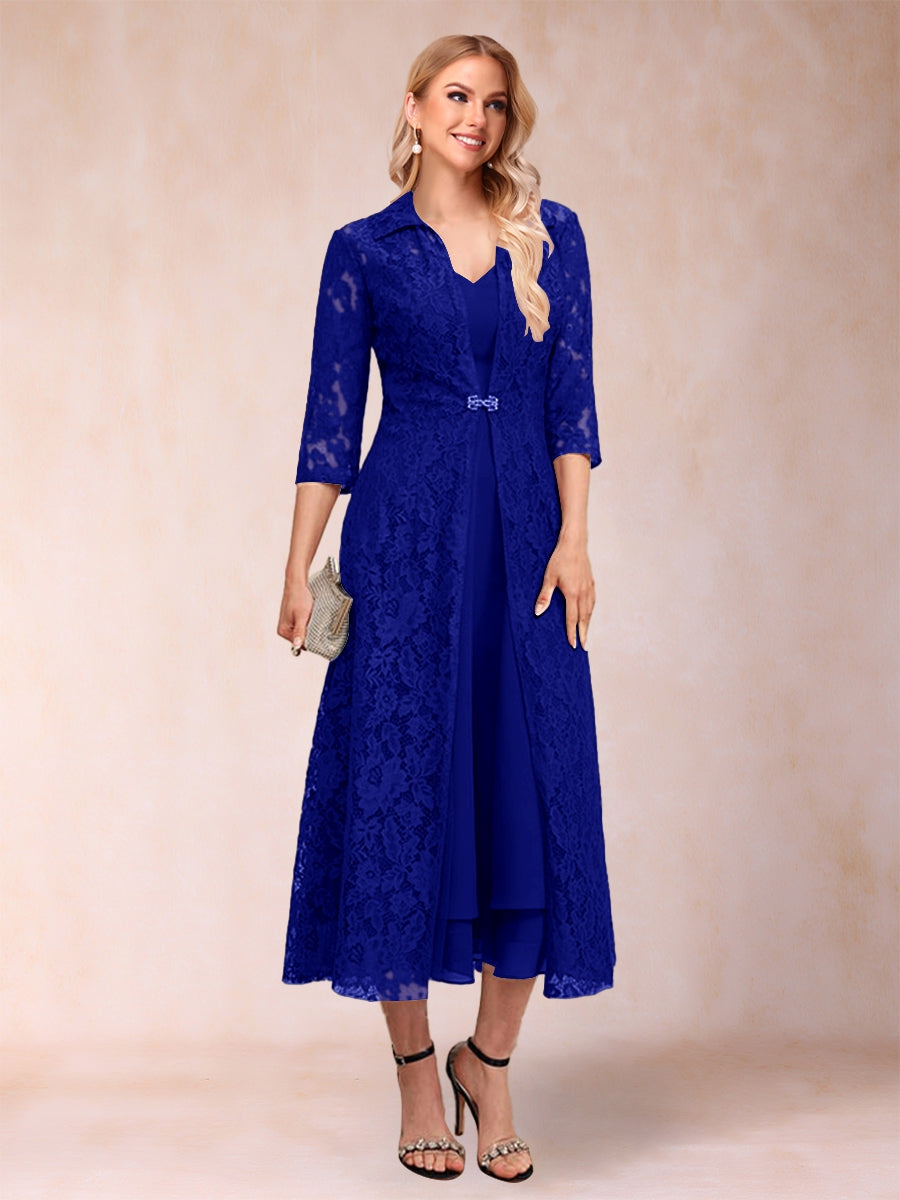 A-Linie/Princess-Linie Wadenlang 3/4-Ärmel V-Ausschnitt Kleider für die Brautmutter