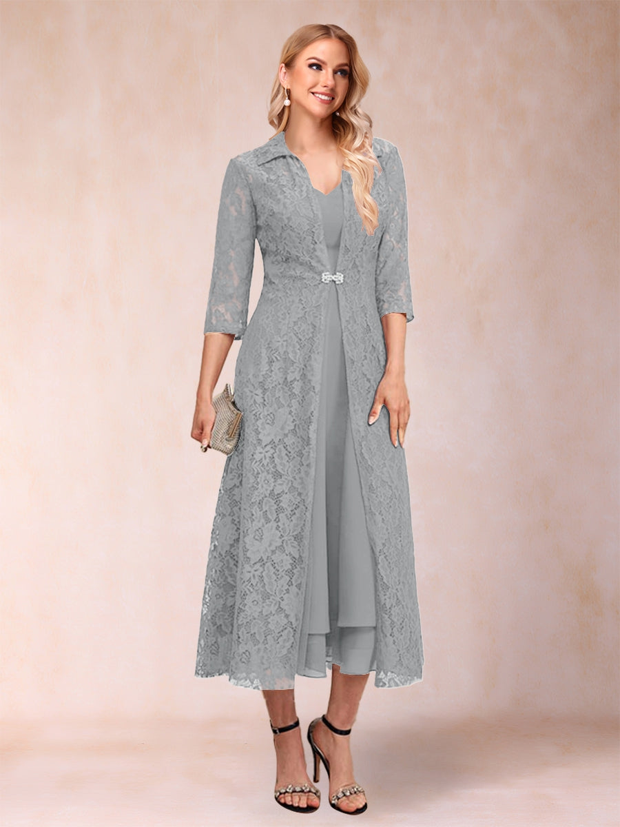 A-Linie/Princess-Linie Wadenlang 3/4-Ärmel V-Ausschnitt Kleider für die Brautmutter