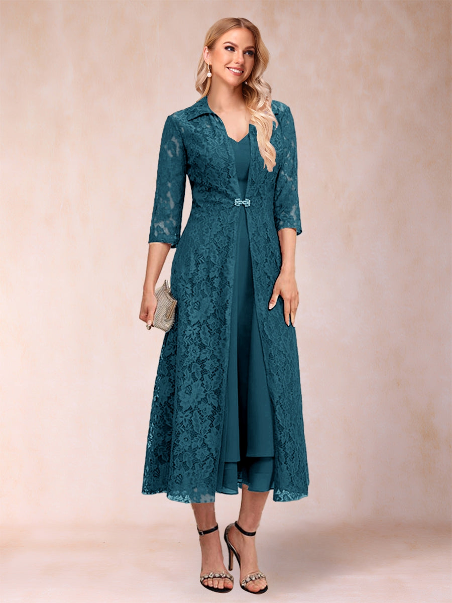 A-Linie/Princess-Linie Wadenlang 3/4-Ärmel V-Ausschnitt Kleider für die Brautmutter