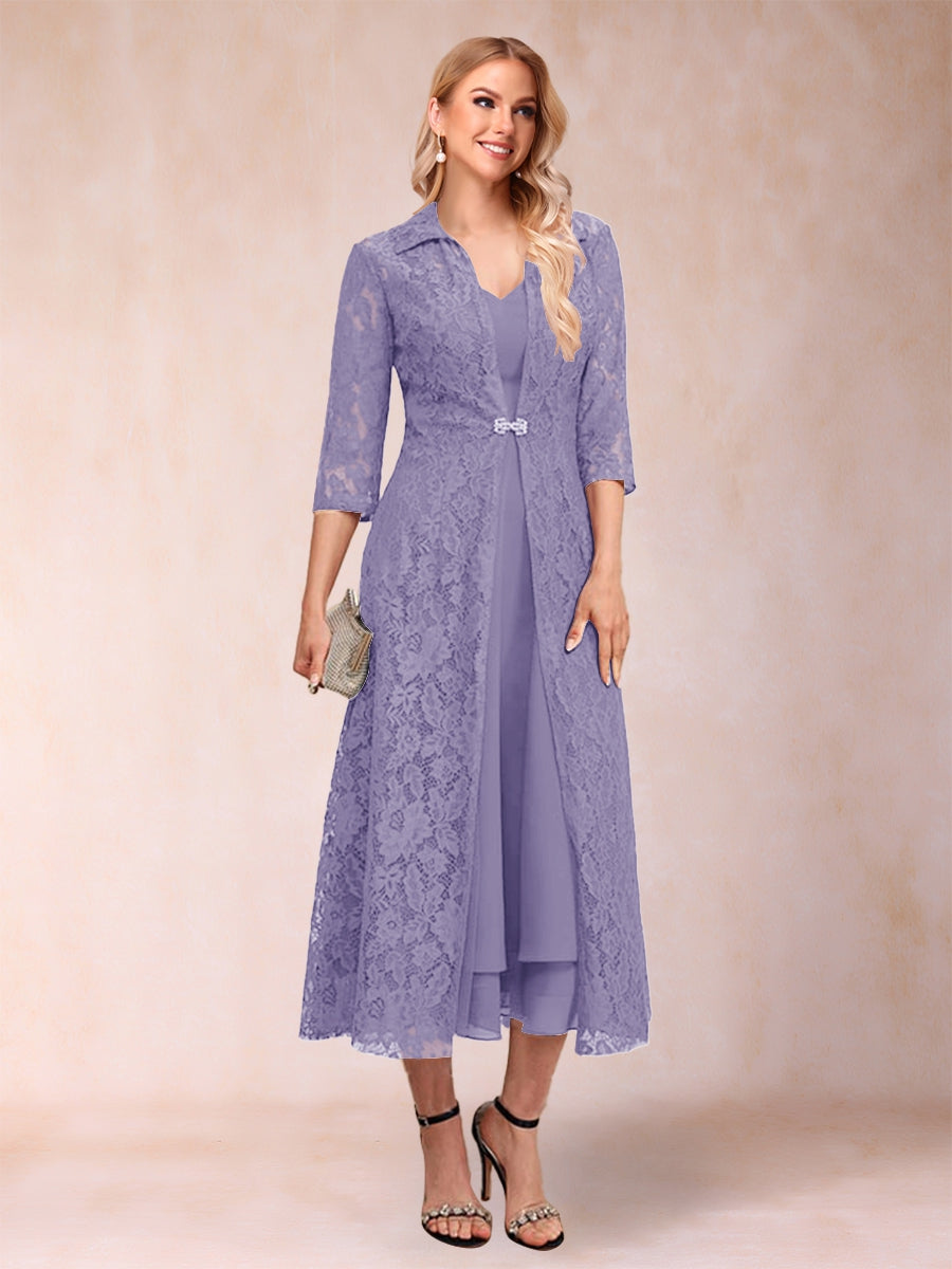 A-Linie/Princess-Linie Wadenlang 3/4-Ärmel V-Ausschnitt Kleider für die Brautmutter