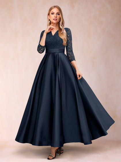 A-Linie/Princess-Linie V-Ausschnitt Knöchellang Spitze Satin Kleider für die Brautmutter mit Strass