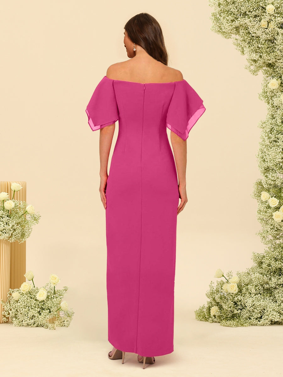 Etui-Linie/Säulen-Linie, schulterfrei, kurze Ärmel, knöchellang, Chiffon, Brautjungfernkleider mit Schlitz an der Seite