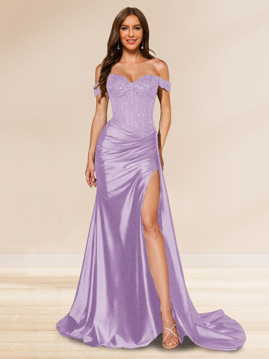 Trompeten-/Meerjungfrauen-Abendkleider mit schulterfreier Schleppe und Pailletten und Schlitz an der Seite