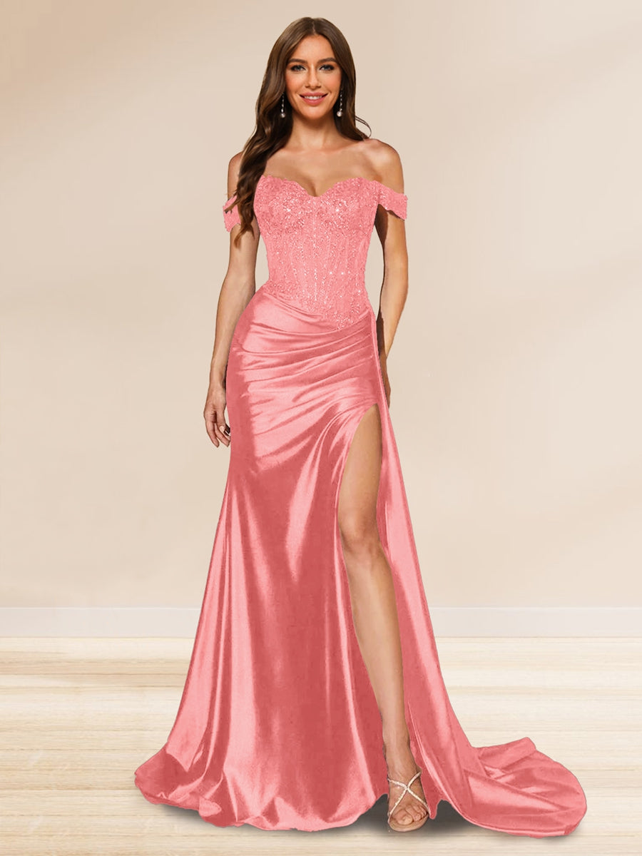 Trompeten-/Meerjungfrauen-Abendkleider mit schulterfreier Schleppe und Pailletten und Schlitz an der Seite