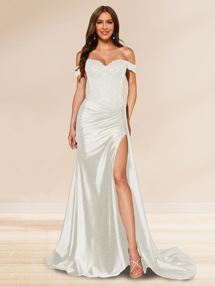 Trompeten-/Meerjungfrauen-Abendkleider mit schulterfreier Schleppe und Pailletten und Schlitz an der Seite