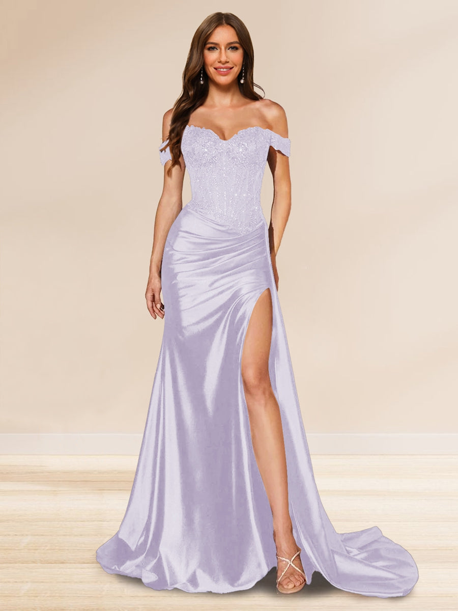 Trompeten-/Meerjungfrauen-Abendkleider mit schulterfreier Schleppe und Pailletten und Schlitz an der Seite