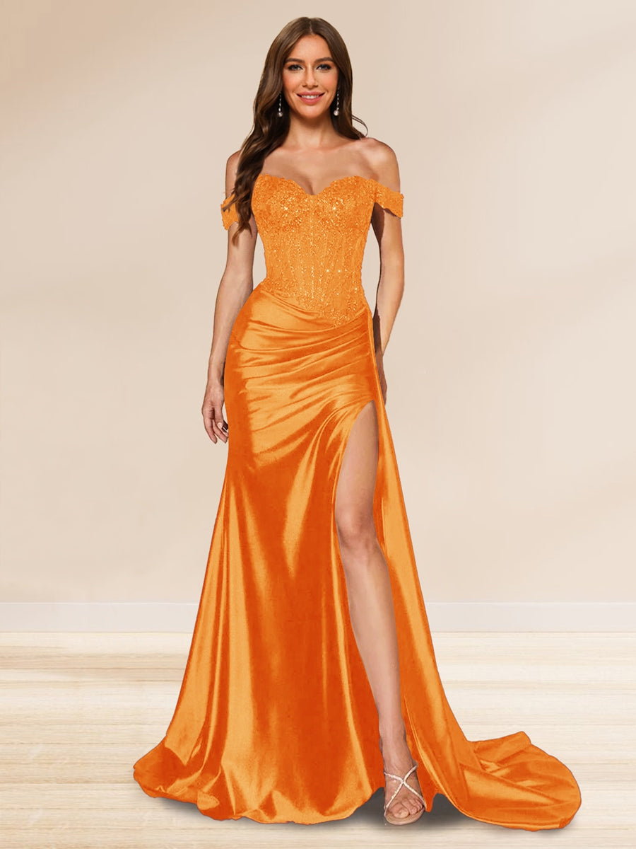 Trompeten-/Meerjungfrauen-Abendkleider mit schulterfreier Schleppe und Pailletten und Schlitz an der Seite
