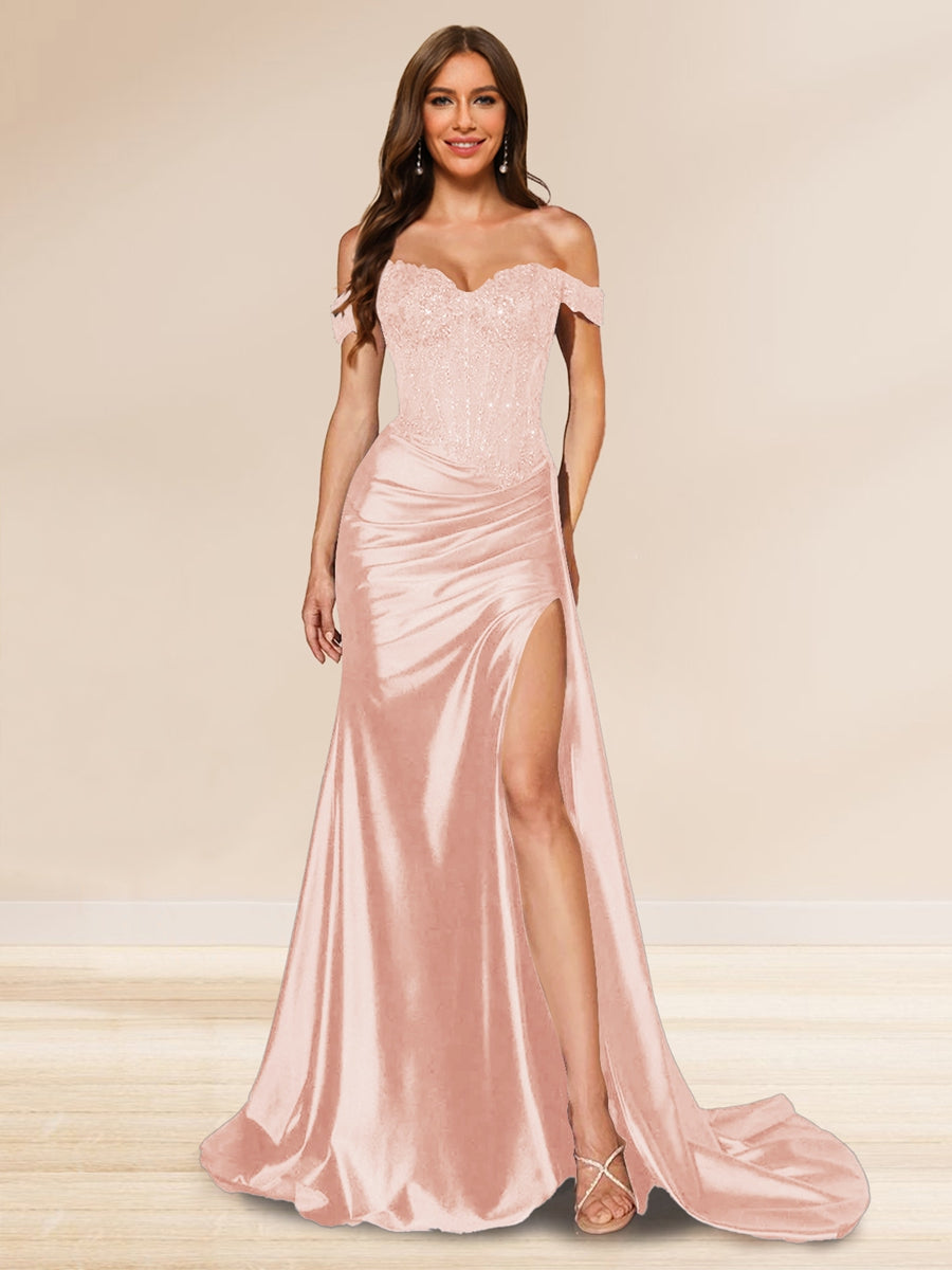 Trompeten-/Meerjungfrauen-Abendkleider mit schulterfreier Schleppe und Pailletten und Schlitz an der Seite