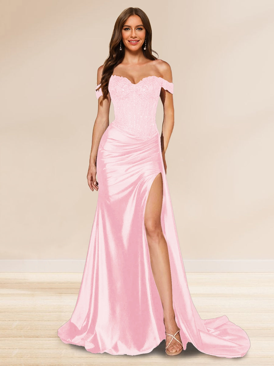 Trompeten-/Meerjungfrauen-Abendkleider mit schulterfreier Schleppe und Pailletten und Schlitz an der Seite