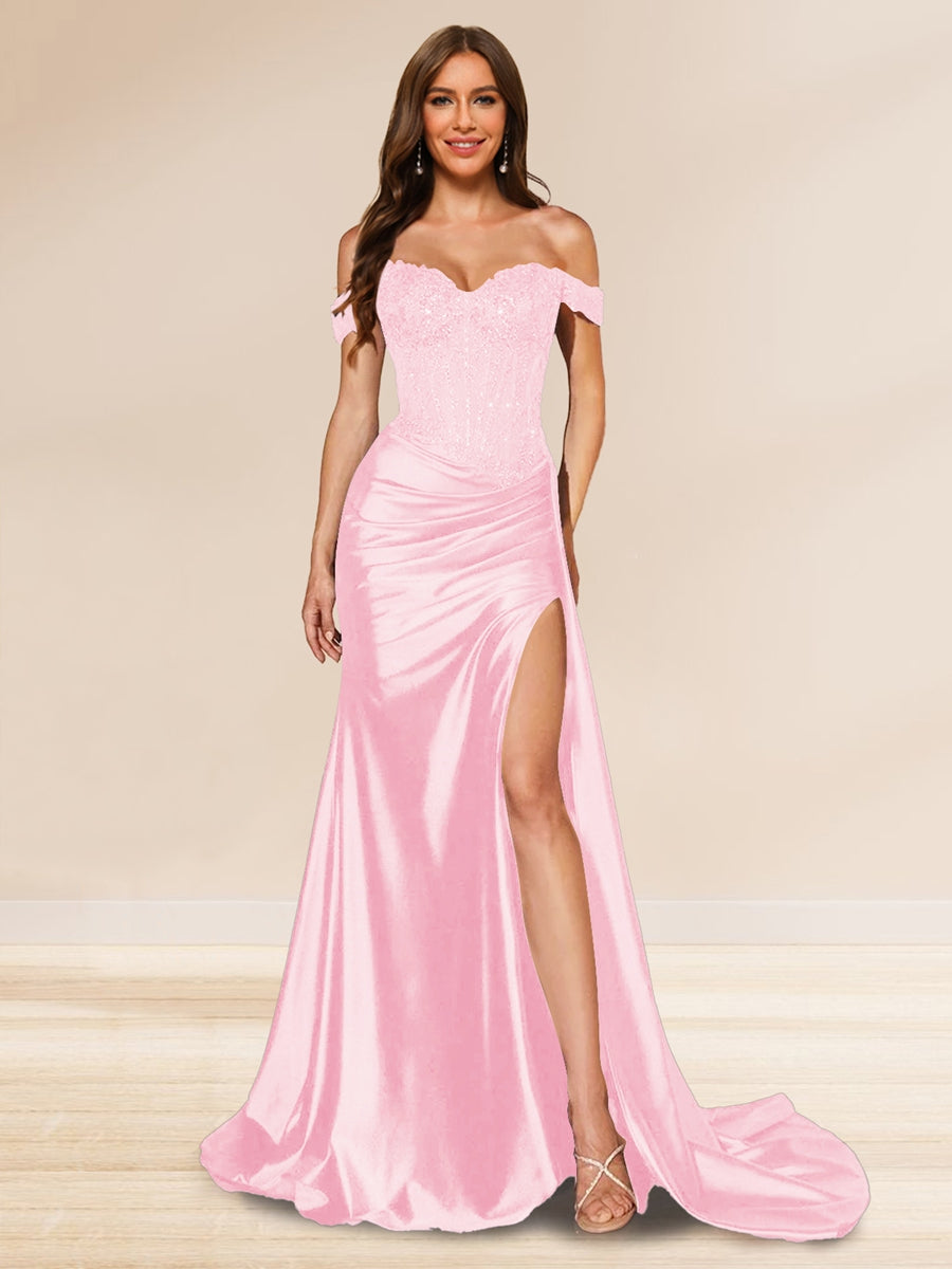 Trompeten-/Meerjungfrauen-Abendkleider mit schulterfreier Schleppe und Pailletten und Schlitz an der Seite