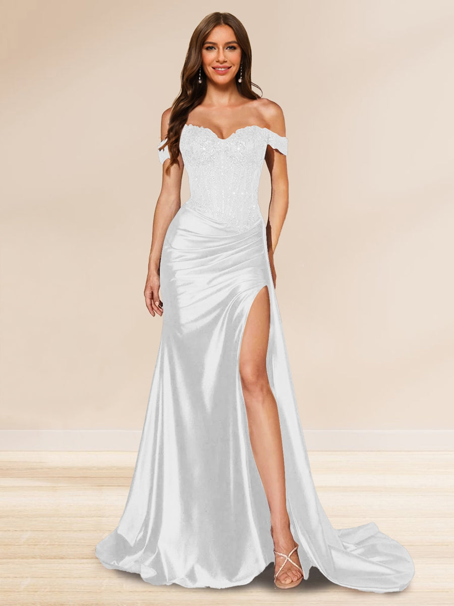 Trompeten-/Meerjungfrauen-Abendkleider mit schulterfreier Schleppe und Pailletten und Schlitz an der Seite