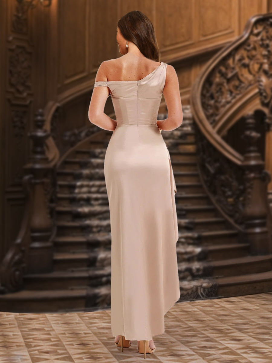 Etui-/Säulen-Abendkleider mit One-Shoulder-Träger, ärmellos, knöchellang, mit hohem Schlitz und Rüschen