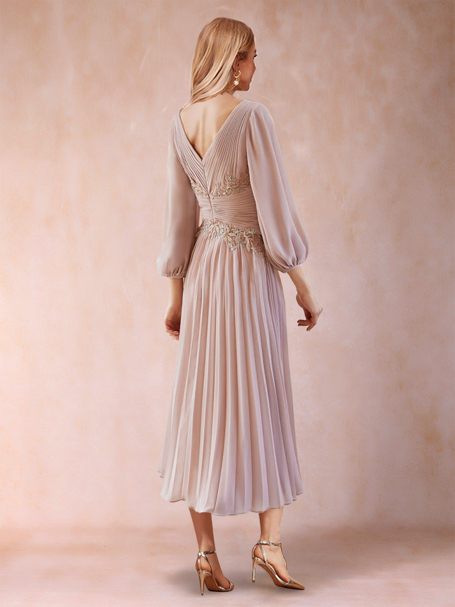 A-Linie/Princess-Linie V-Ausschnitt Wadenlang Chiffon Kleider für die Brautmutter mit Falten und Pailletten