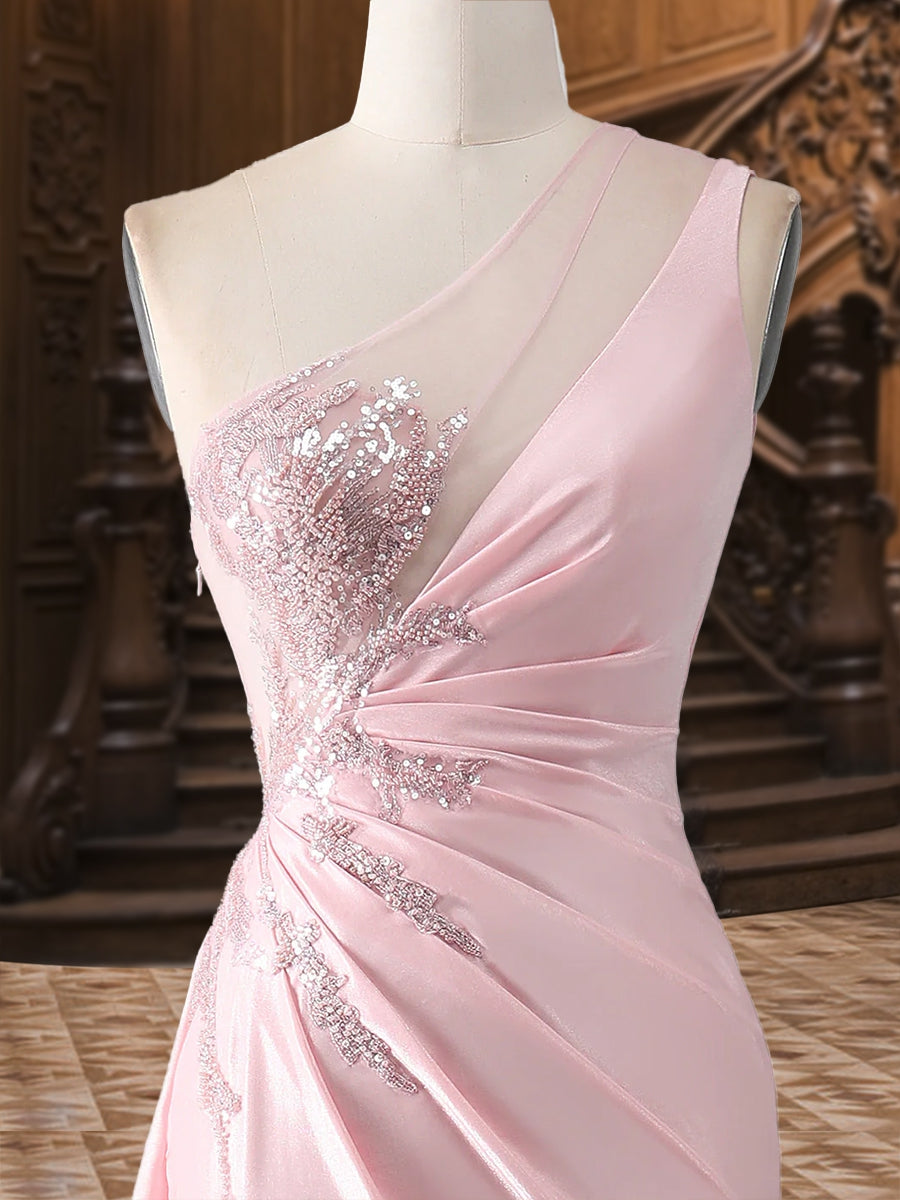 Trompeten-/Meerjungfrauen-Abendkleider mit One-Shoulder-Träger und Sweep/Pinselzug, Seitenschlitz und Applikationen