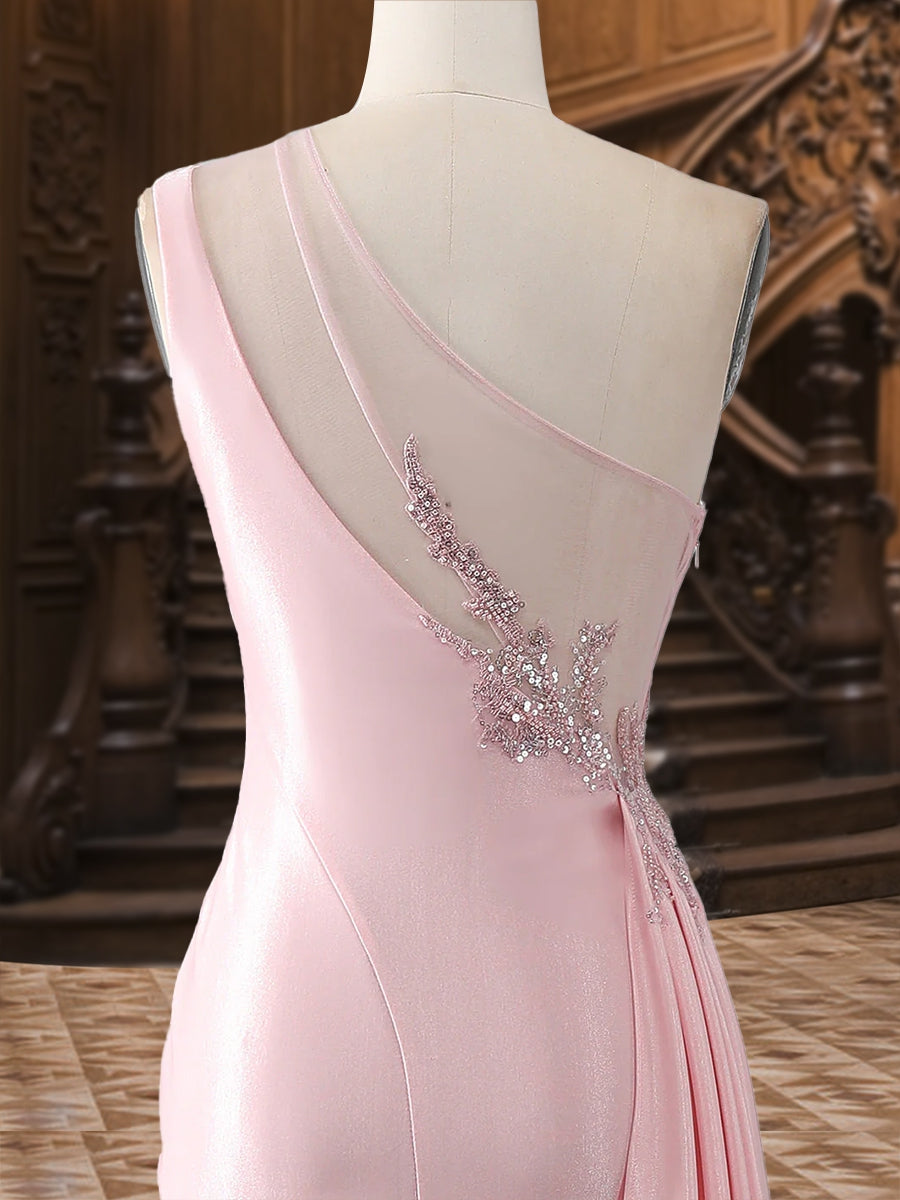 Trompeten-/Meerjungfrauen-Abendkleider mit One-Shoulder-Träger und Sweep/Pinselzug, Seitenschlitz und Applikationen