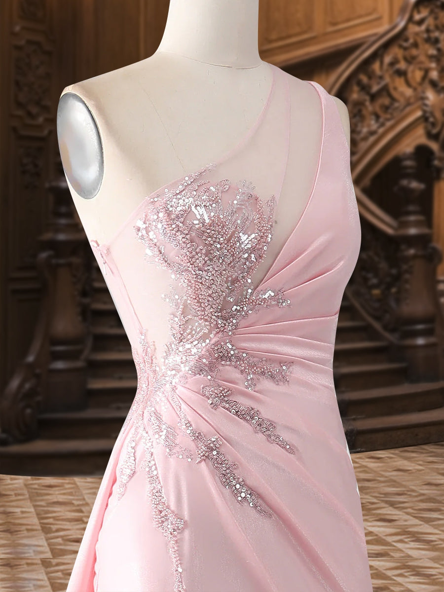 Trompeten-/Meerjungfrauen-Abendkleider mit One-Shoulder-Träger und Sweep/Pinselzug, Seitenschlitz und Applikationen