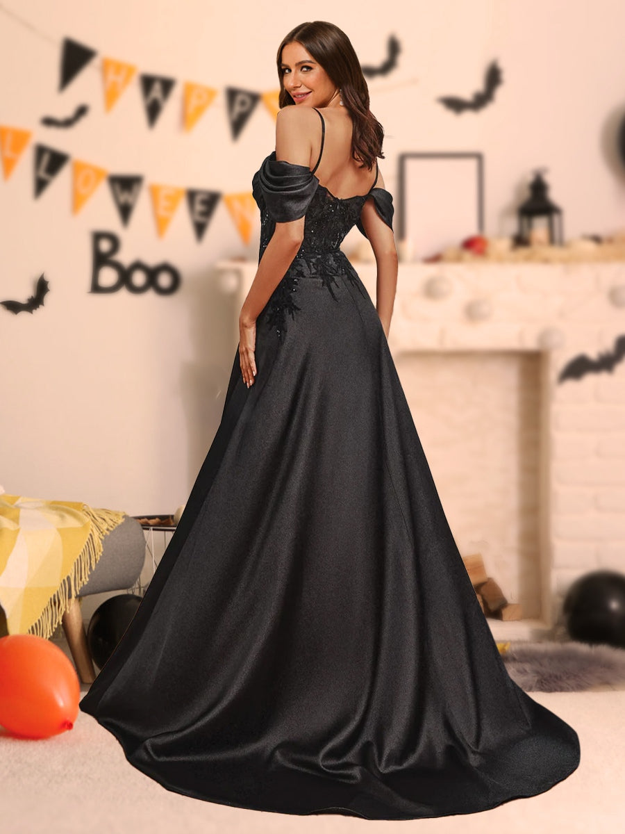 A-Linie/Prinzessin-Linie, schulterfrei, ärmellos, Halloween-Kleid mit Schlitz an der Seite und Applikationen