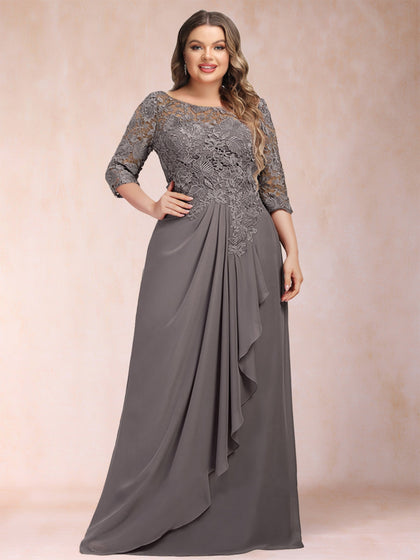 A-Linie/Prinzessin-Linie, U-Ausschnitt, 3/4-Ärmel, Übergröße, Kleider für die Brautmutter mit Rüschen und Applikationen