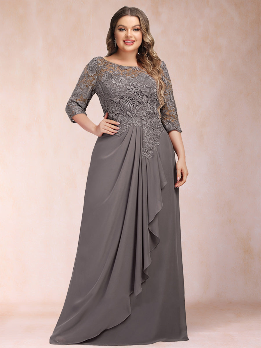 A-Linie/Prinzessin-Linie, U-Ausschnitt, 3/4-Ärmel, Übergröße, Kleider für die Brautmutter mit Rüschen und Applikationen