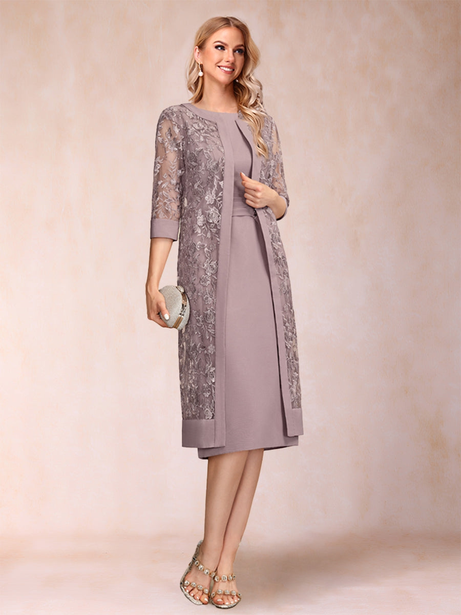 Etui-Linie/Säulen-Linie, U-Ausschnitt, Chiffon, gerüscht, Kleider für die Brautmutter mit Jacke und Strass