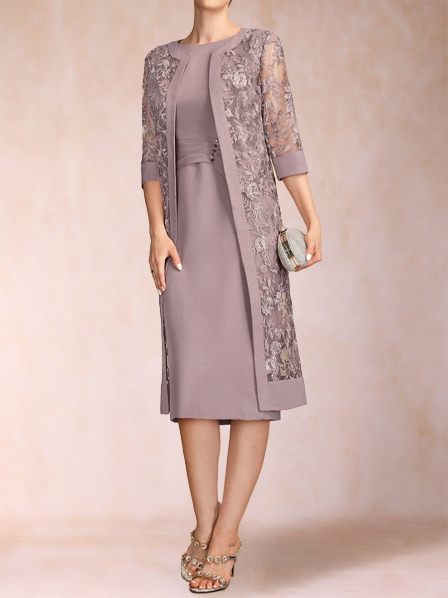 Etui-Linie/Säulen-Linie, U-Ausschnitt, Chiffon, gerüscht, Kleider für die Brautmutter mit Jacke und Strass