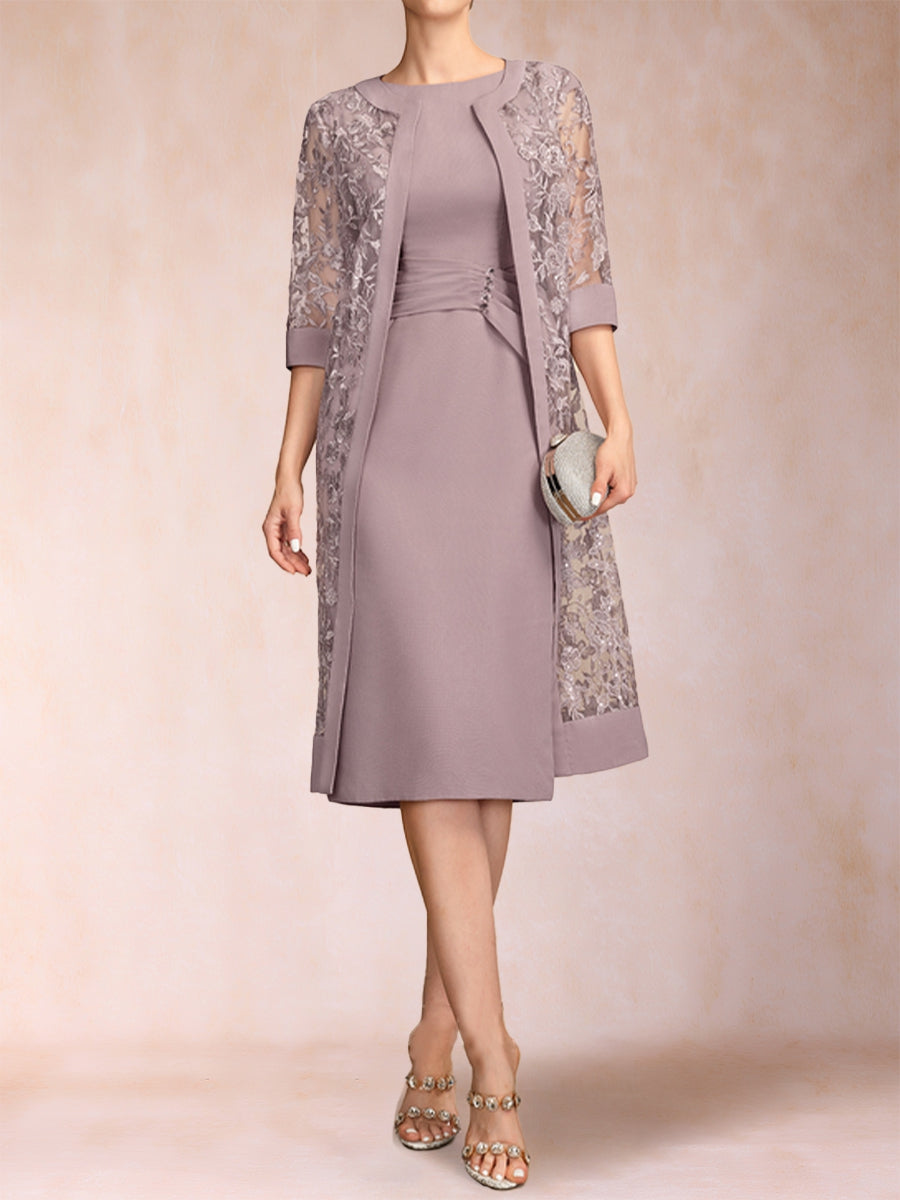 Etui-Linie/Säulen-Linie, U-Ausschnitt, Chiffon, gerüscht, Kleider für die Brautmutter mit Jacke und Strass