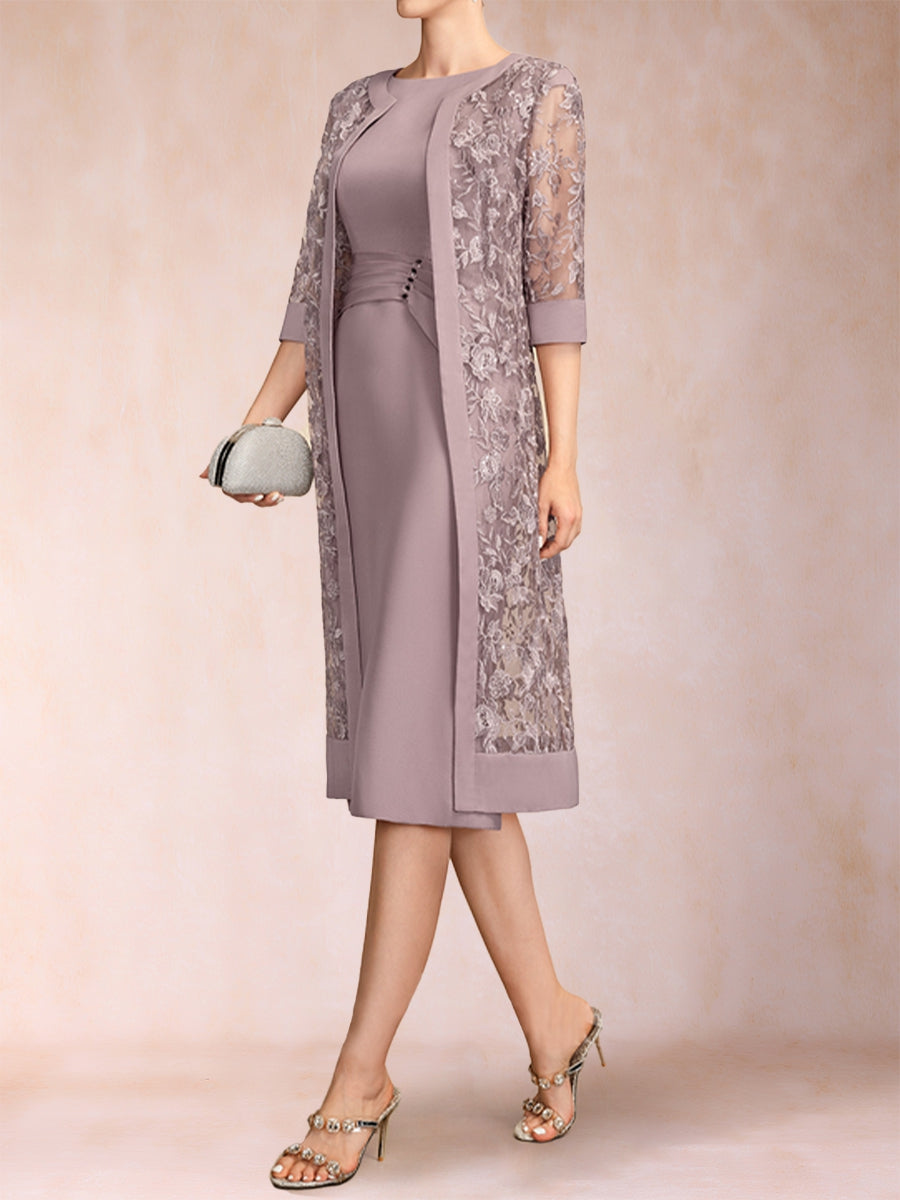 Etui-Linie/Säulen-Linie, U-Ausschnitt, Chiffon, gerüscht, Kleider für die Brautmutter mit Jacke und Strass