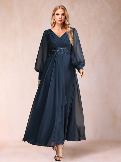 A-Linie/Princess-Linie V-Ausschnitt Lange Ärmel Kleider für die Brautmutter mit Strass und Rüschen