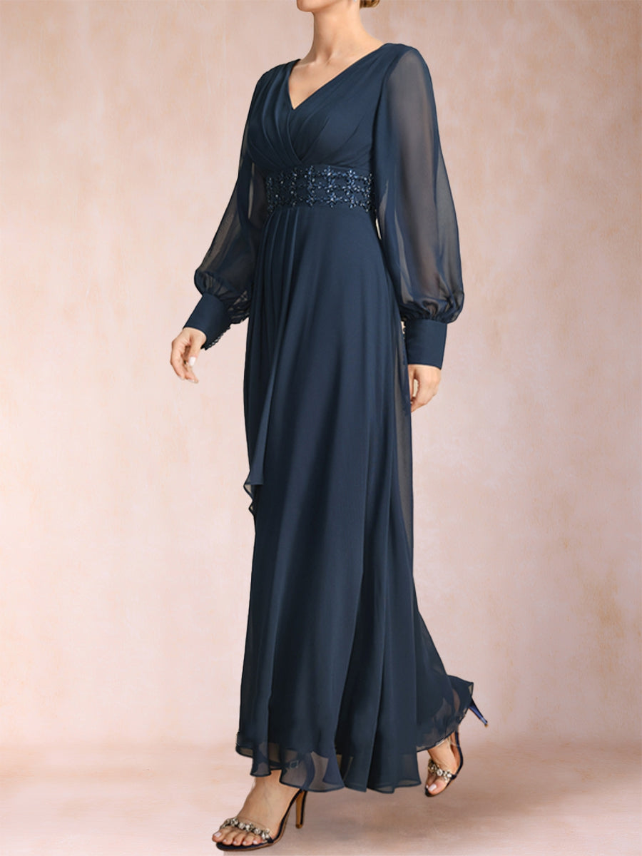 A-Linie/Princess-Linie V-Ausschnitt Lange Ärmel Kleider für die Brautmutter mit Strass und Rüschen